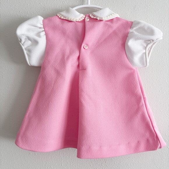 Vintage Baby Pink Dress Sz 12mo Lace Peter Pan Collar Embroidered Animal Mid Mod - Picture 2 of 11